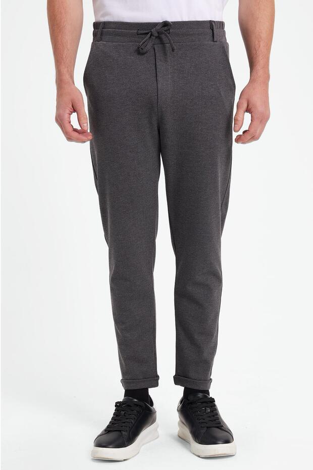 Men's Slim Fit Cotton Tie Waist Side Pockets Folded Leg Jogger Gray Trousers