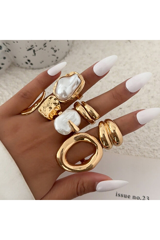 Gold Color 1 Ingemark 6Pcs/Set Boho Imitation Pearls Metal Ring Women Trendy Punk Irregular Geometry