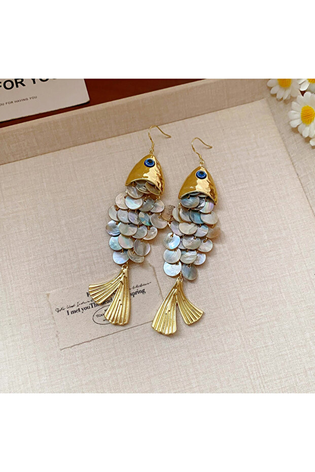 Style1 Round Natural Shell Dangle Earrings Novel Ocean Fish-shape Long Tassel Drop Earring for Women