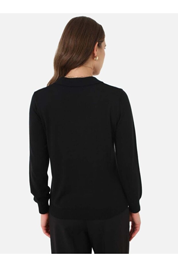 Yarım Patlı Gömlek Yaka Basic Triko Kazak - Siyah - - 7