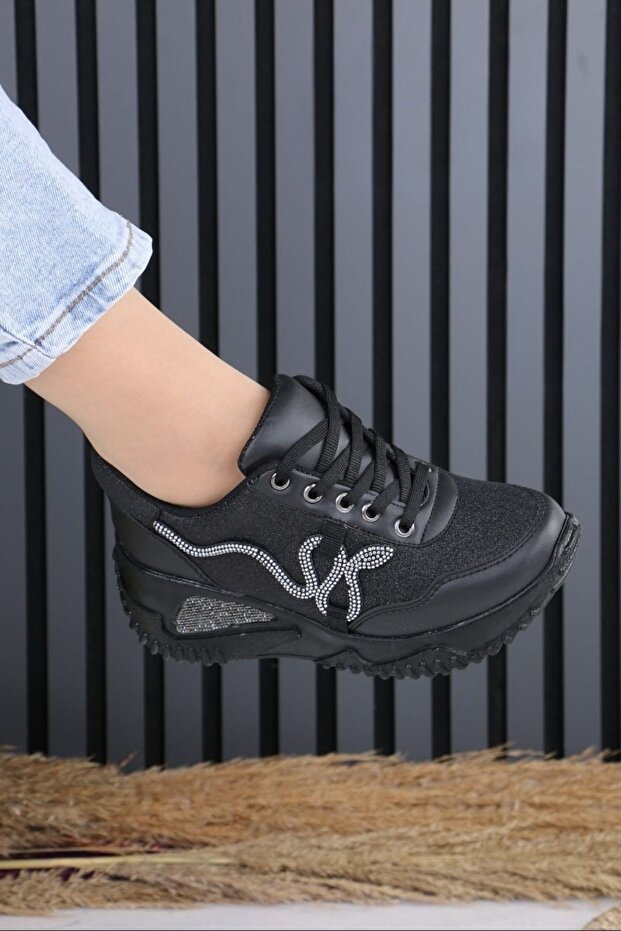 Rengin Women's Plain Black Snake Stone Patterned Hidden Heel Sports Sneaker