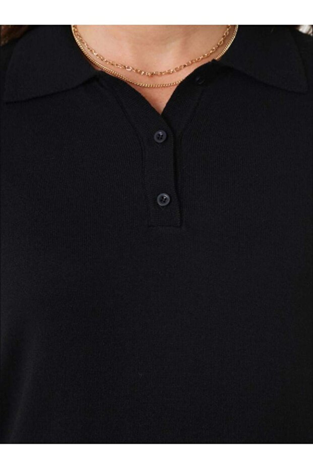 Yarım Patlı Gömlek Yaka Basic Triko Kazak - Siyah - - 6