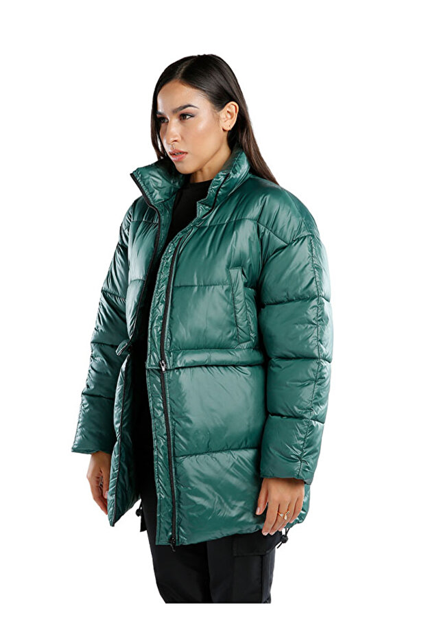 Women Green Two Way Detachable Turtleneck Puffer Jacket