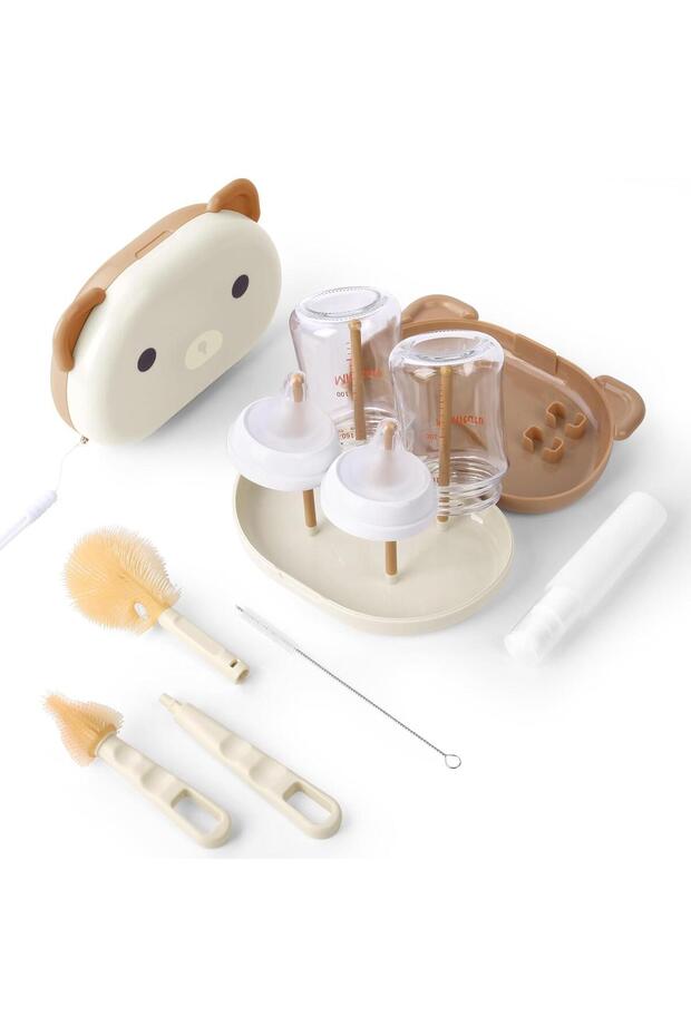 Baby Bottle Brush & Drying Rack, Portable Travel Kit-Silicone Bottle & Nipple Brush Set