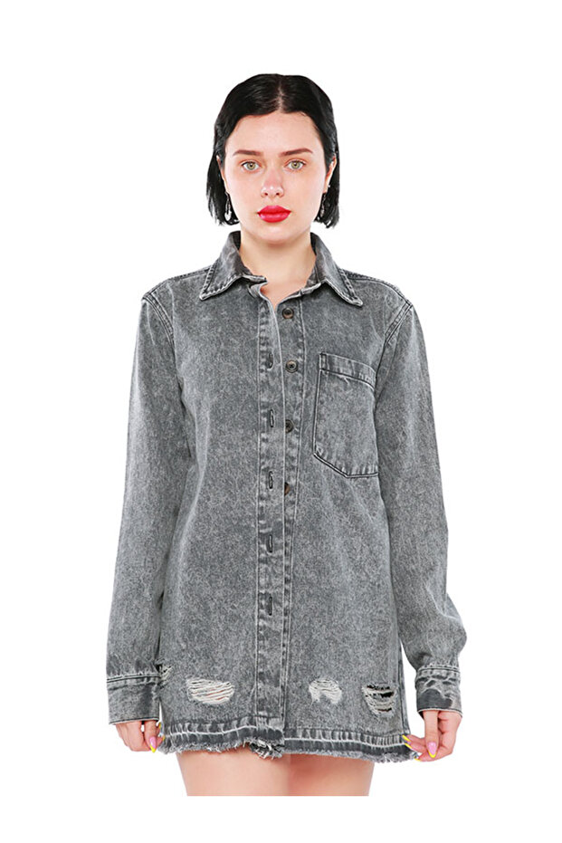 Women Distressed Acid Wash Denim Shacket in Grey