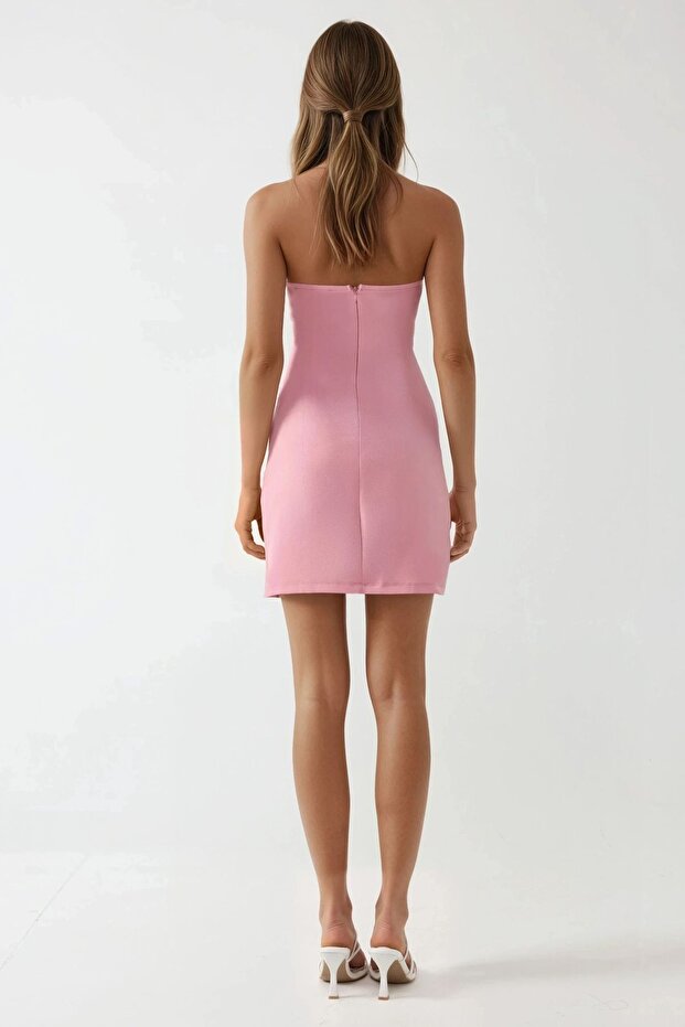 Kare Yaka Fitted Dokuma Mini Elbise - 5