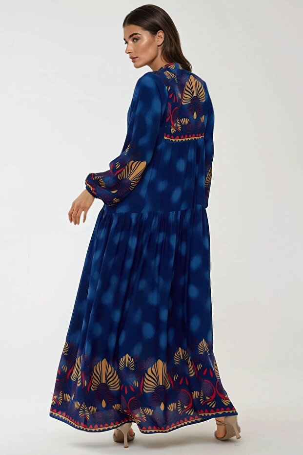 Baskılı Uzun Kol Viskon Modest Elbise - 6