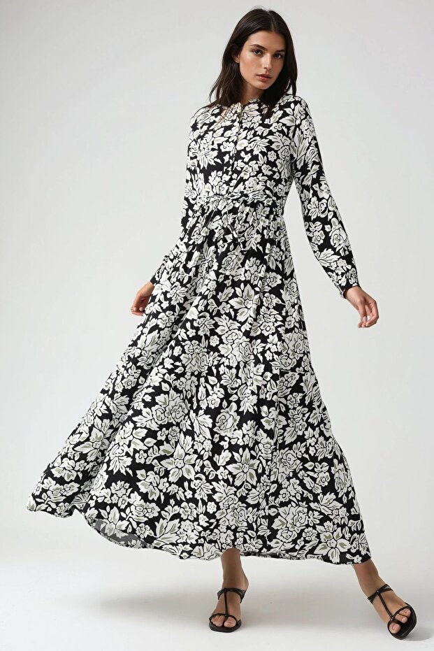Gömlek Yaka Baskılı Maxi Elbise - 1