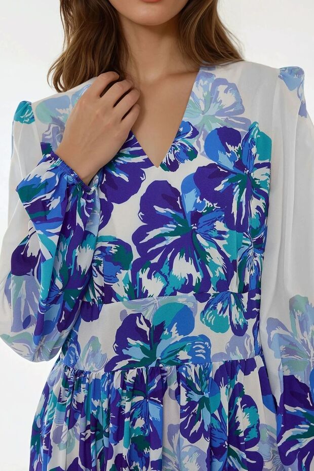 V Yaka Desenli Modest Elbise - 4