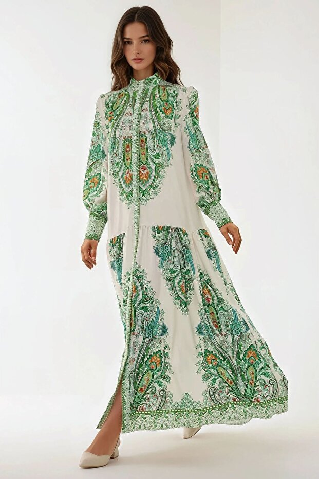 Baskılı Uzun Kol Maxi Elbise - 1