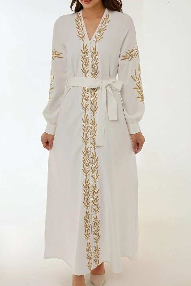 Nakış Işlemeli V Yaka Modest Elbise - 2