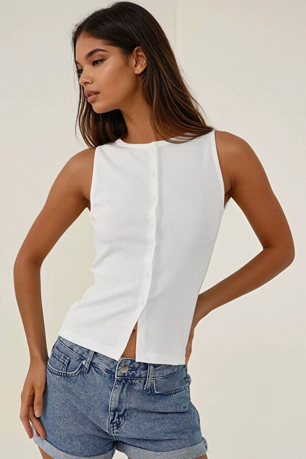 Düğmeli Fitted Bisiklet Yaka Örme Üst - 1