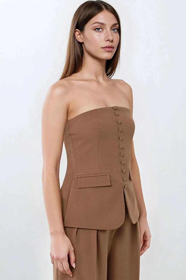 Straplez Önü Düğmeli Dokuma Üst - 5