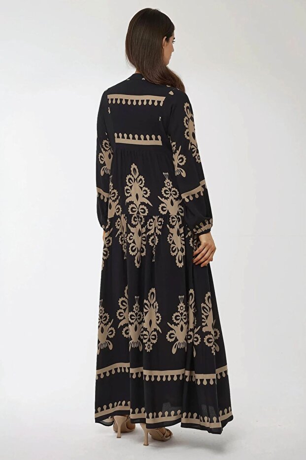 Baskılı Uzun Kol Viskon Modest Elbise - 3