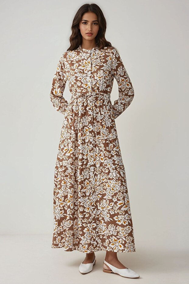 Gömlek Yaka Baskılı Maxi Elbise - 3