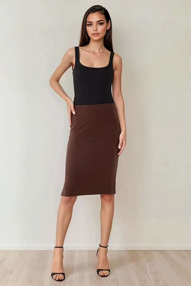 Yüksek Bel Bodycon Midi Örme Etek - 2