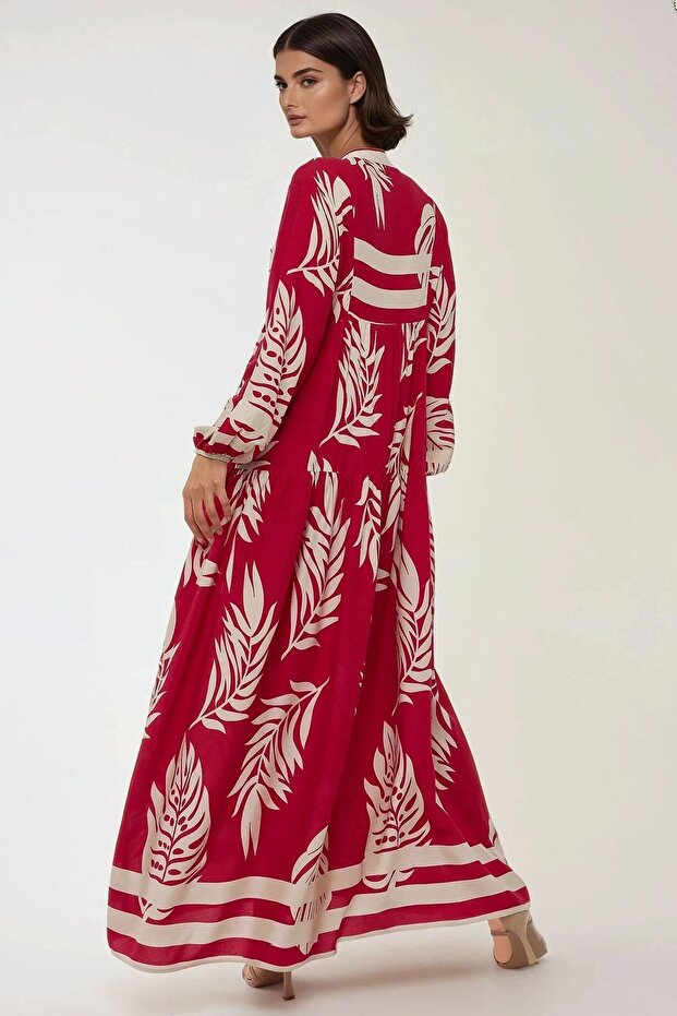 Baskılı Uzun Kol Viskon Modest Elbise - 4