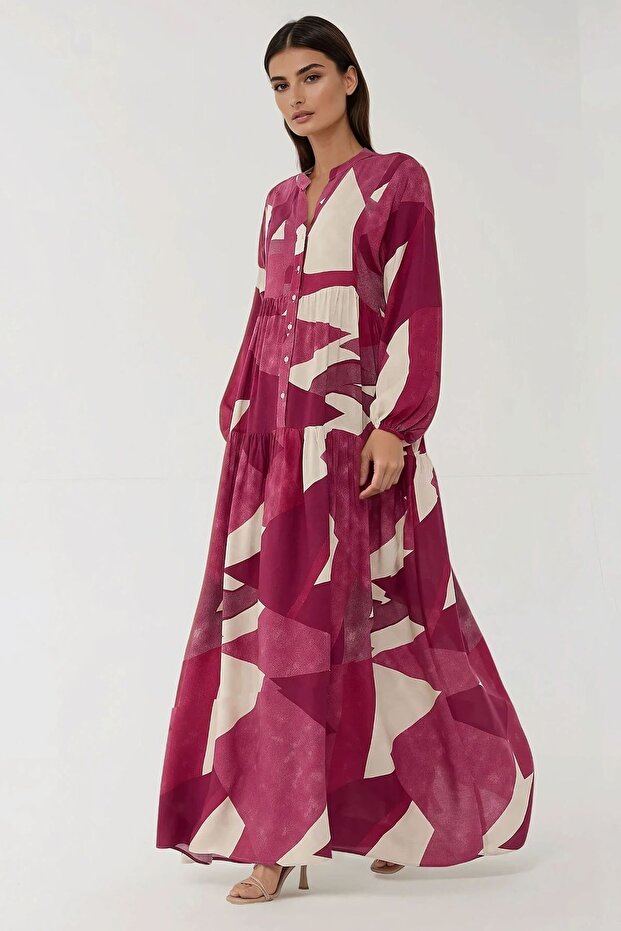 Rochie maxi din viscoză cu mânecă lungă și imprimeu - 1