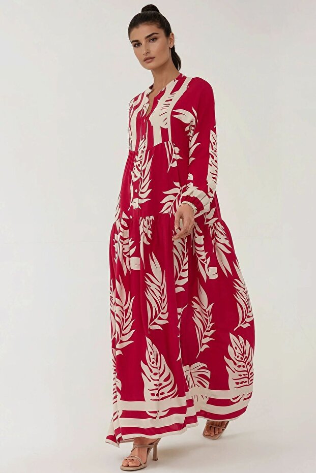 Baskılı Uzun Kol Viskon Modest Elbise - 3