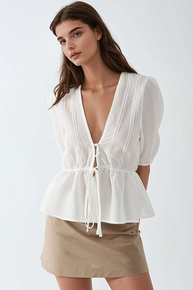 Dokulu V Yaka Bluz - 1