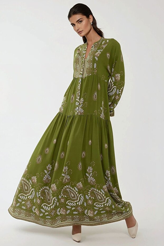 Baskılı Uzun Kol Viskon Modest Elbise - 5