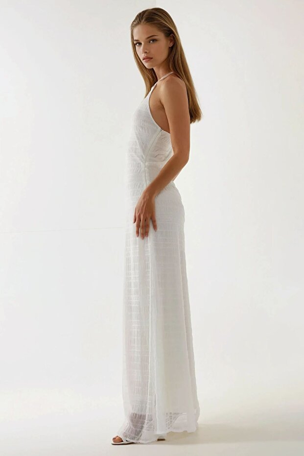Dokulu Halter Yaka Maxi Elbise - 5