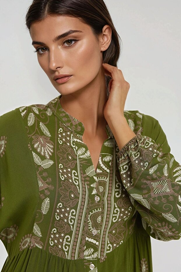 Baskılı Uzun Kol Viskon Modest Elbise - 3