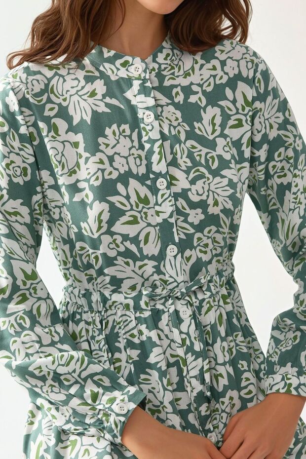 Gömlek Yaka Baskılı Maxi Elbise - 5