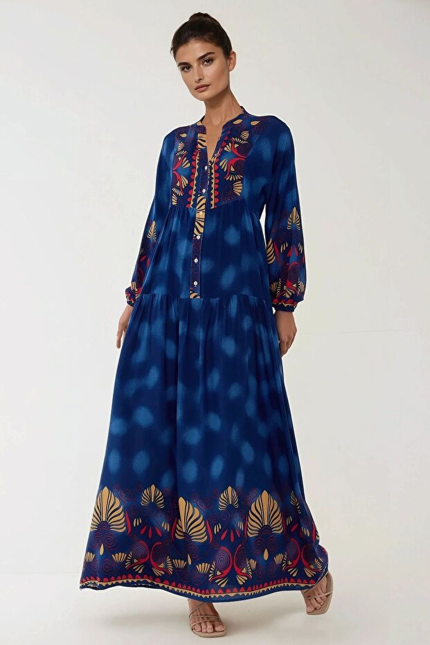 Baskılı Uzun Kol Viskon Modest Elbise - 1