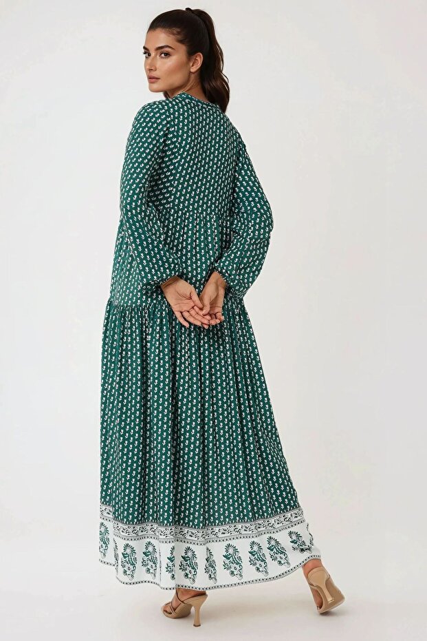 Desenli V Yaka Modest Elbise - 6