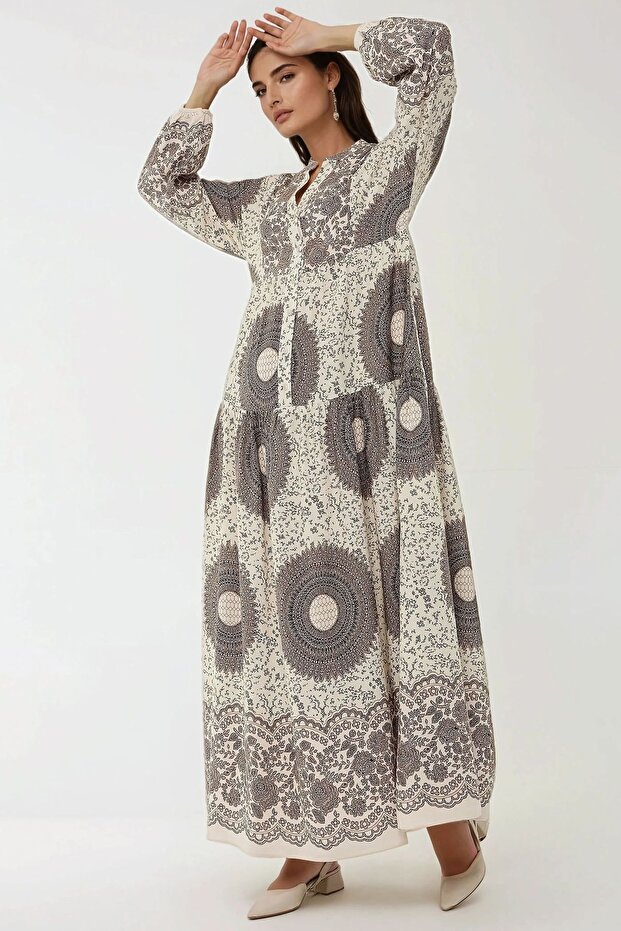 Baskılı Uzun Kol Viskon Modest Elbise - 2