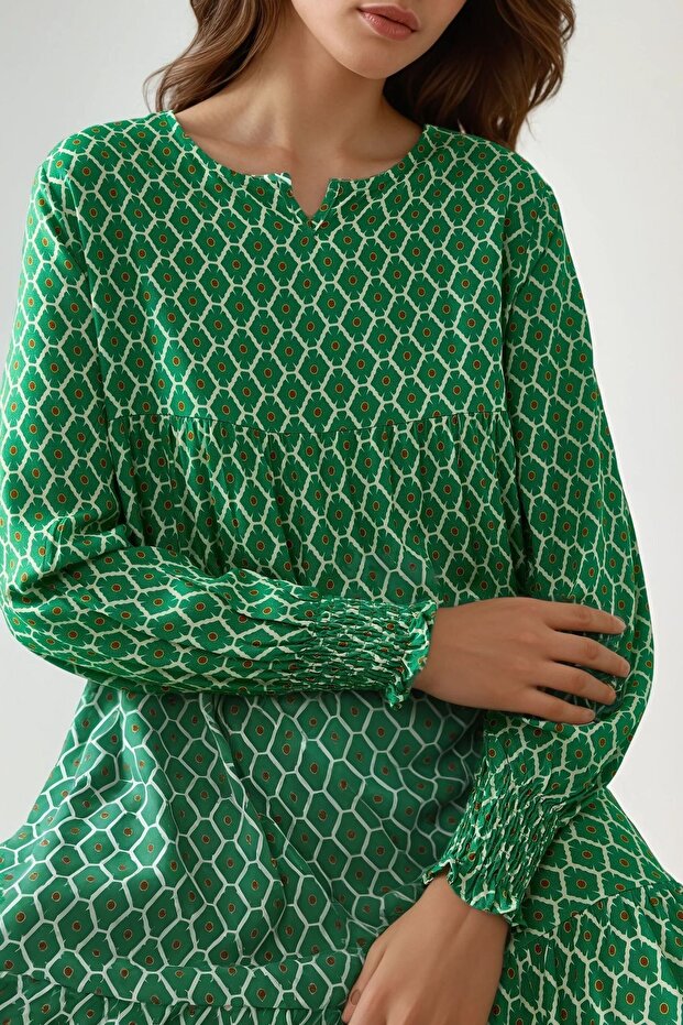 Patterned Round Neck Viscose Modest Dress - 7