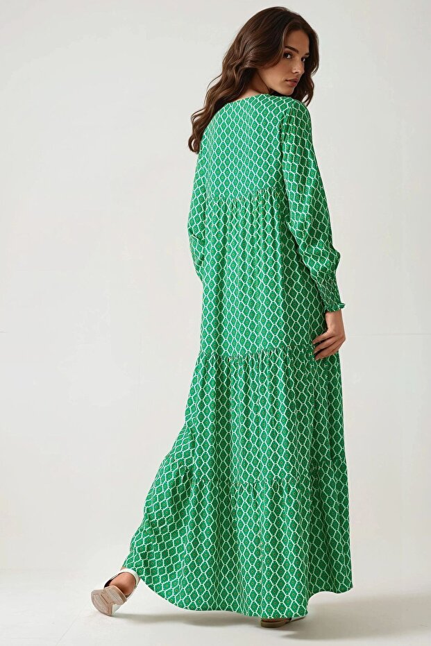 Patterned Round Neck Viscose Modest Dress - 6