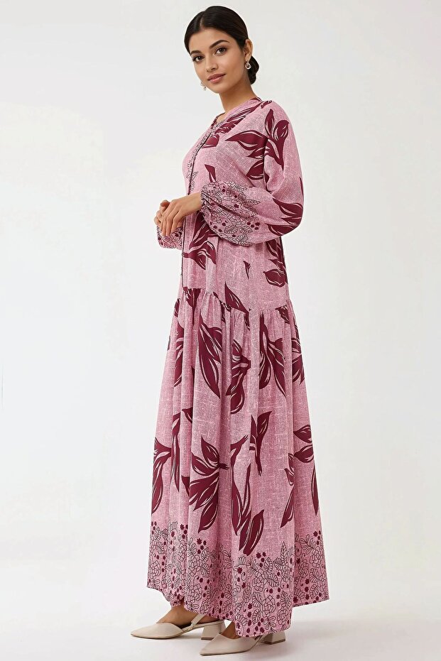 Baskılı Uzun Kol Viskon Modest Elbise - 3