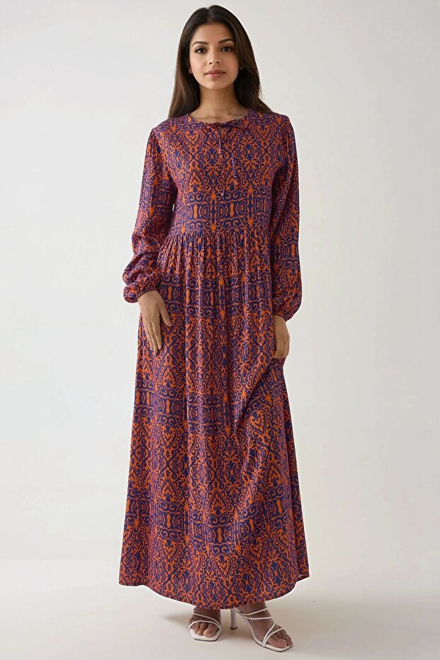 Baskılı A-form Modest Elbise, Bisiklet Yaka - 1