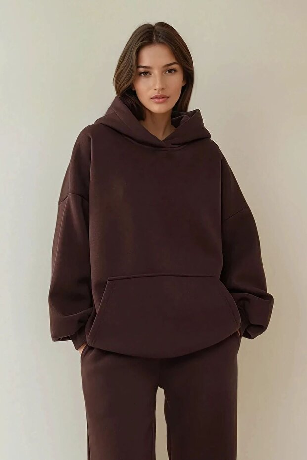 Oversize Bisiklet Yaka Kapüşonlu Sweatshirt - 1