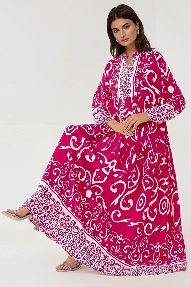 Baskılı Uzun Kol Viskon Modest Elbise - 1