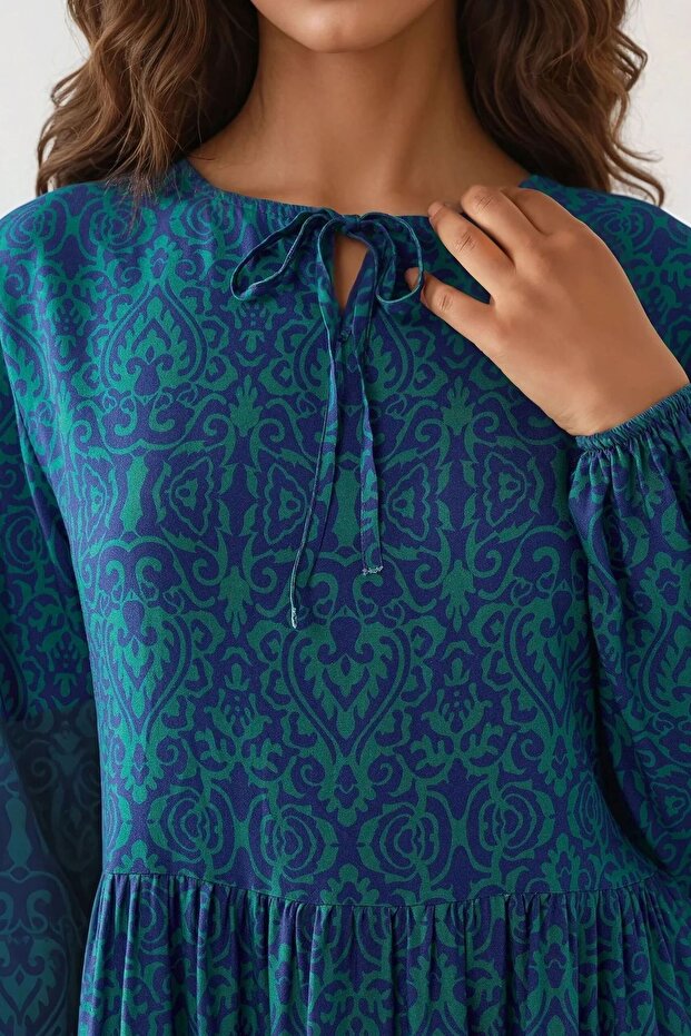 Baskılı A-form Modest Elbise, Bisiklet Yaka - 2