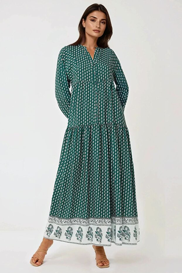 Desenli V Yaka Modest Elbise - 4