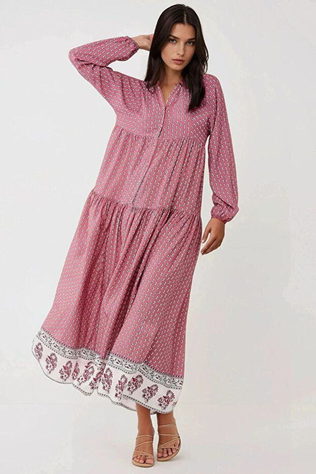 Desenli V Yaka Modest Elbise - 2