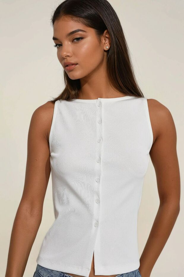 Düğmeli Fitted Bisiklet Yaka Örme Üst - 6