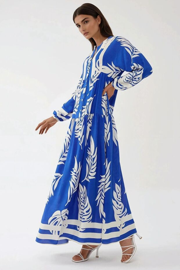 Baskılı Uzun Kol Viskon Modest Elbise - 6