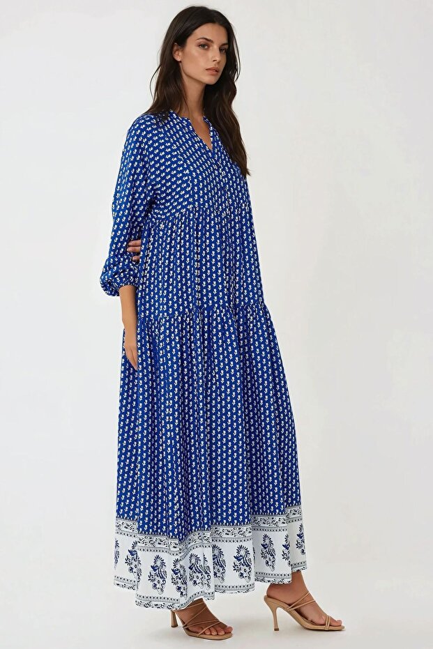 Desenli V Yaka Modest Elbise - 2