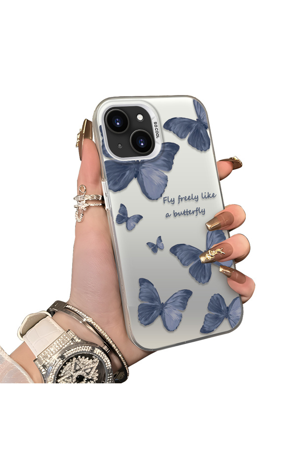 iPhone 15 Compatible Hard Acrylic Back Silicone Edge Lens Protection Butterfly Case