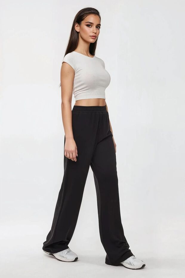 Esnek Bel ile Geniş Paça Örme Pantolon - 4