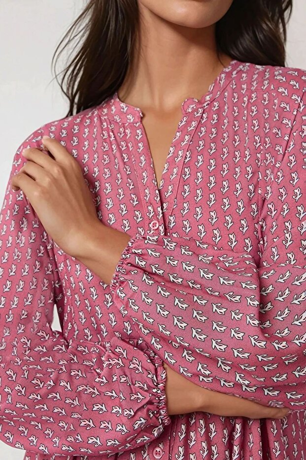 Desenli V Yaka Modest Elbise - 5