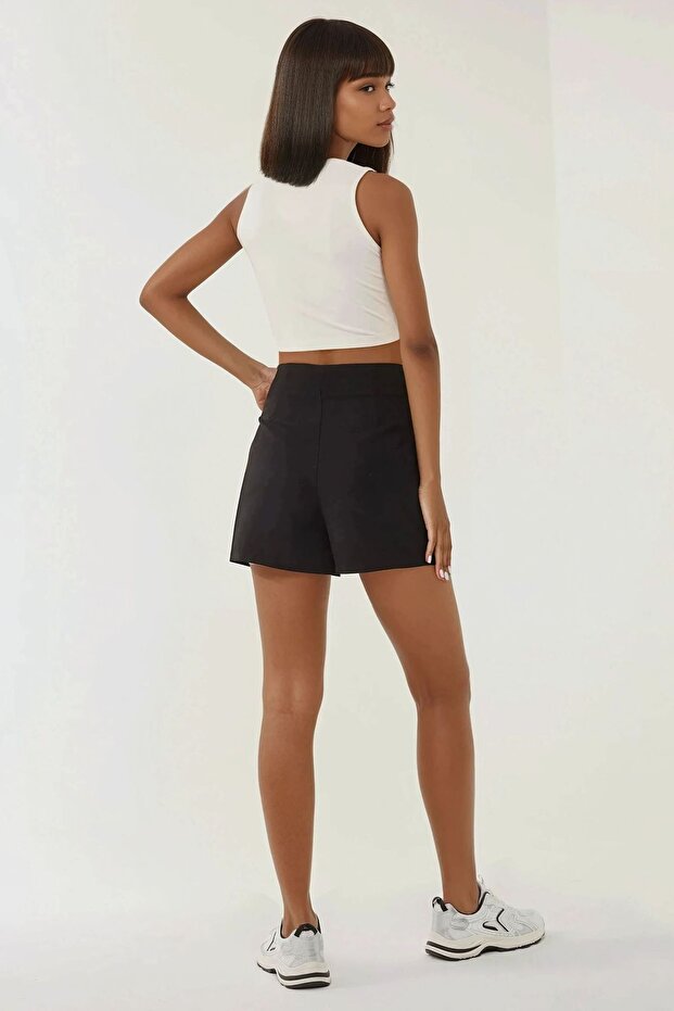 Düğmeli Yüksek Bel Şort - 5