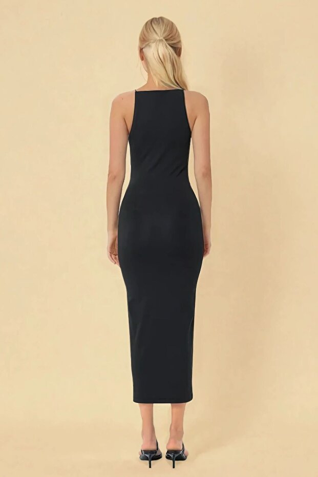 Halter Yaka Bodycon Örme Midi Elbise - 4