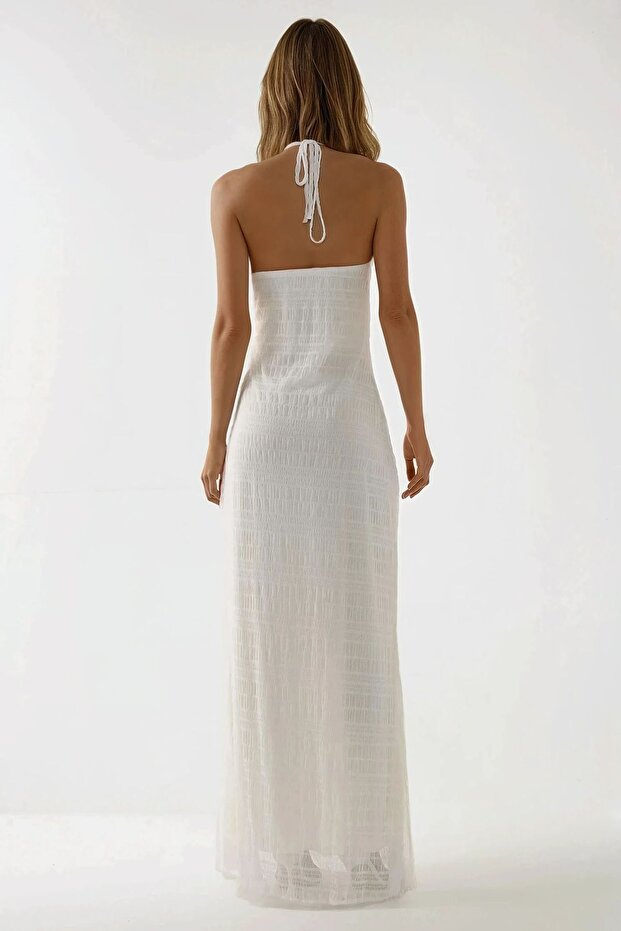 Dokulu Halter Yaka Maxi Elbise - 4