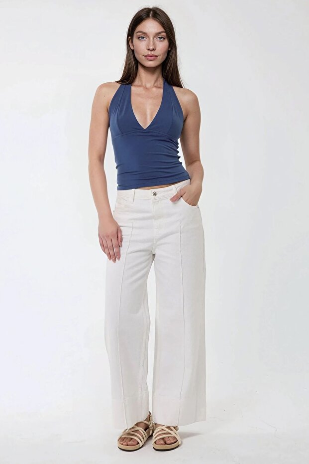 Dar V Yaka Boyundan Bağlı Sandy Örme Üst - 6